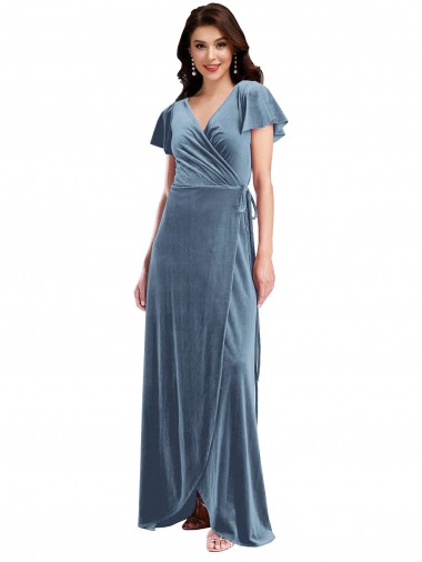 Purchase Long Flutter Sleeves V-Neck A-Line Stretch Velvet Dusty Blue Maxi Evening Dress Canada