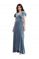 Purchase Long Flutter Sleeves V-Neck A-Line Stretch Velvet Dusty Blue Maxi Evening Dress Canada