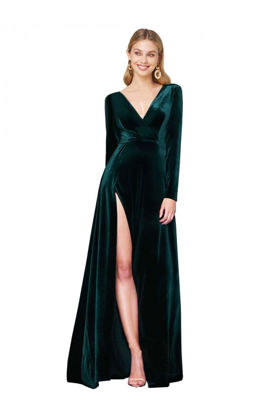 Purchase Sweep Train Long Sleeves V-Neck A-Line Stretch Velvet Evening Dress Canada
