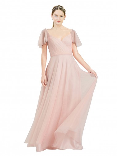 Purchase Long Flutter Sleeves V-Neck A-Line Tulle Semi Formal Evening Dress Canada