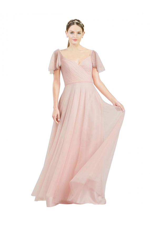 Purchase Long Flutter Sleeves V-Neck A-Line Tulle Semi Formal Evening Dress Canada