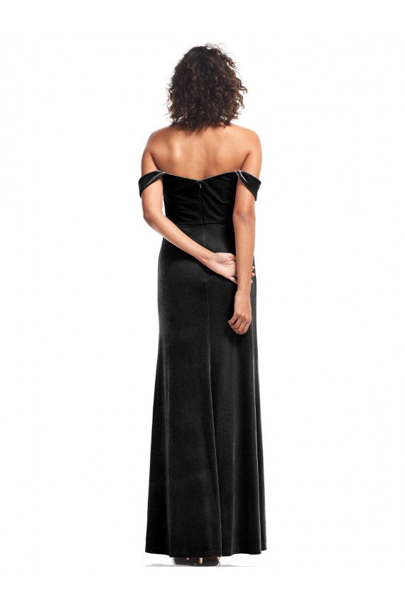 Purchase Long Sleeveless Off the Shoulder A-Line Stretch Velvet Black Evening Dress Canada