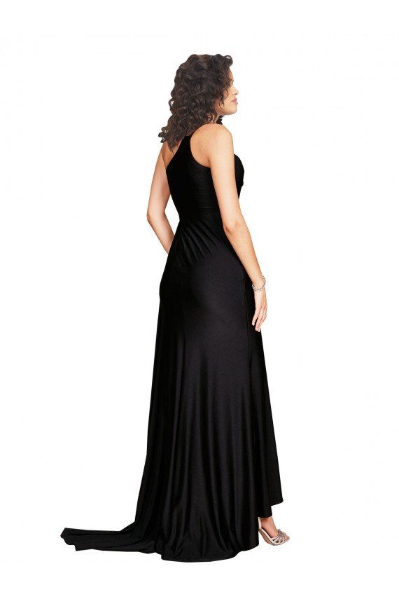 Purchase Long Sleeveless One Shoulder A-Line Silky Satin Black Sexy Evening Dress Canada
