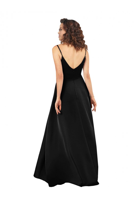 Purchase Long Sleeveless V-Neck A-Line Silky Satin Black Evening Dress Canada