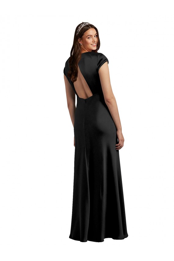 Purchase Long Cap Sleeves V-Neck A-Line Stretch Satin Black Evening Dress Canada