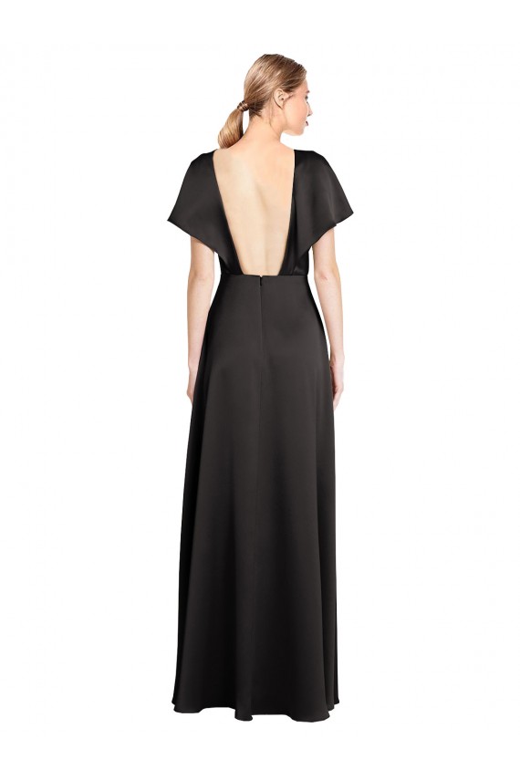 Purchase Long Cap Sleeves V-Neck A-Line Stretch Satin Open Back Evening Dress Canada