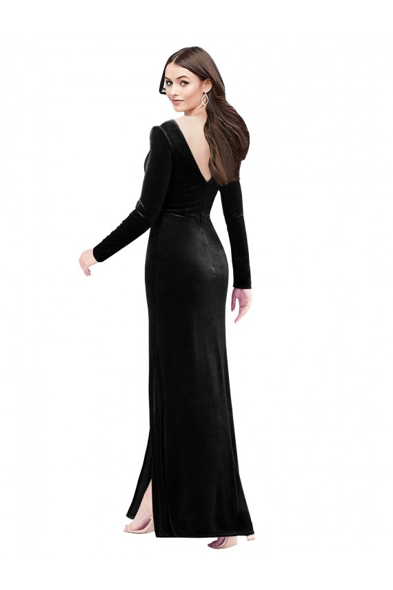 Purchase Long Long Sleeves V-Neck Column Stretch Velvet Evening Dress Canada