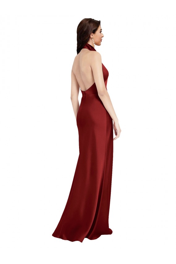Purchase Long Sleeveless Halter Neck A-Line Stretch Satin Burgundy Evening Dress Canada