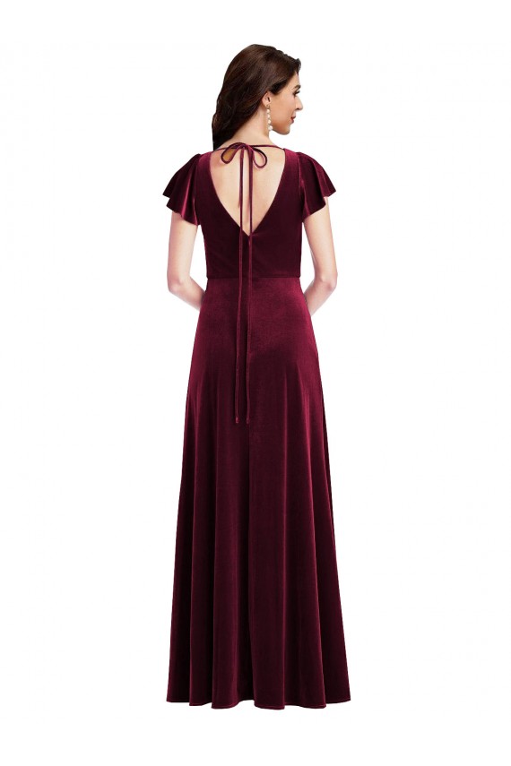 Purchase Long Flutter Sleeve V-Neck A-Line Stretch Velvet Maxi Evening Dress Canada