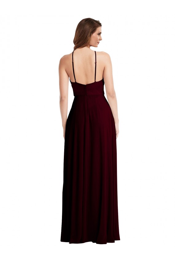 Purchase Long Sleeveless Spaghetti Straps A-Line Soft Chiffon Burgundy Gold Maxi Evening Dress Canada