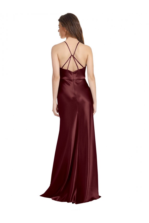 Purchase Long Sleeveless Spaghetti Straps A-Line Burgundy Gold Stretch Satin Evening Dress Canada