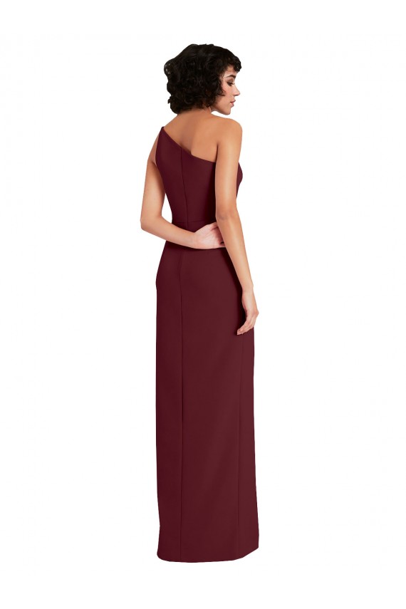 Purchase Long Sleeveless One Shoulder Sheath Stretch Crepe Burgundy Gold Evening Dress Canada