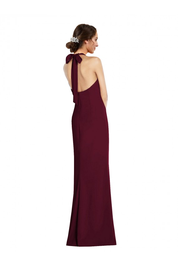Purchase Long Sleeveless Halter Neck Trumpet Stretch Crepe Burgundy Gold Semi Formal Evening Dress Canada