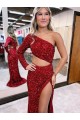 Purchase Sweep Train Long Sleeves One Shoulder Mermaid Velvet Sequin High Slit Evening Dress Canada