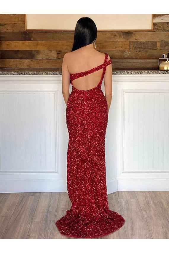 Purchase Sweep Train Sleeveless One Shoulder Sheath Long Velvet Sequin Evening Dress Canada