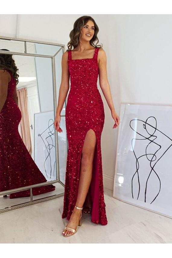 Purchase Long Sleeveless Square Neck Sheath Velvet Sequin Evening Dress Canada