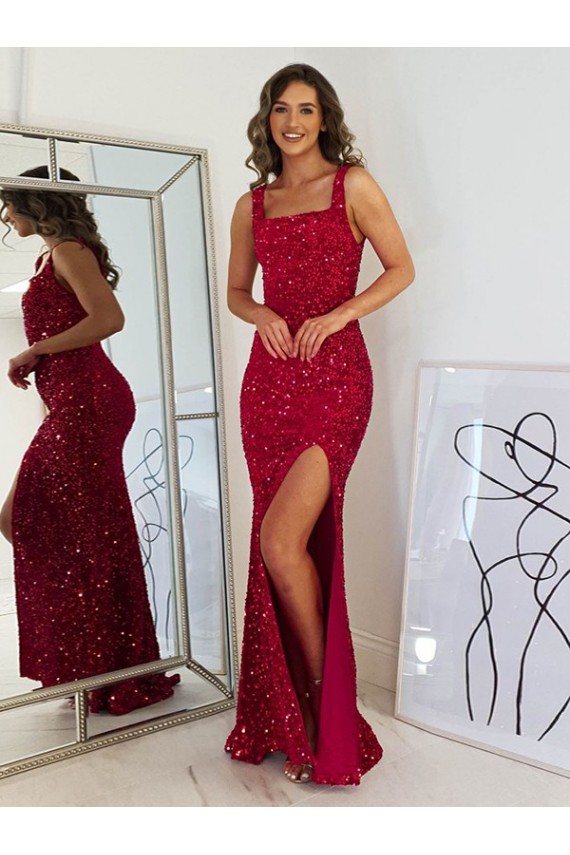Purchase Long Sleeveless Square Neck Sheath Velvet Sequin Evening Dress Canada