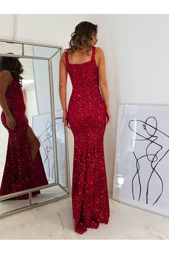 Purchase Long Sleeveless Square Neck Sheath Velvet Sequin Evening Dress Canada