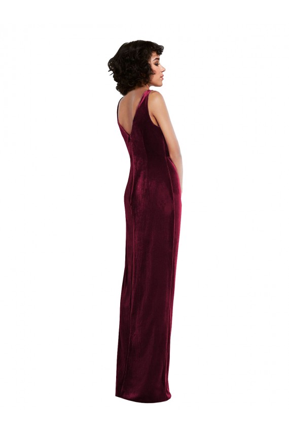 Purchase Long Sleeveless V-Neck Sheath Stretch Velvet Burgundy Maxi Evening Dress Canada
