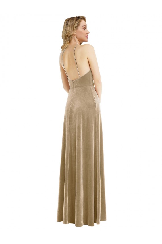 Purchase Long Sleeveless Halter Neck A-Line Stretch Velvet Open Back Maxi Evening Dress Canada