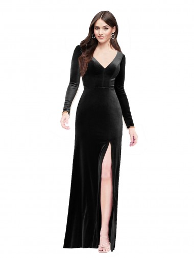 Purchase Long Long Sleeves V-Neck Column Stretch Velvet Evening Dress Canada