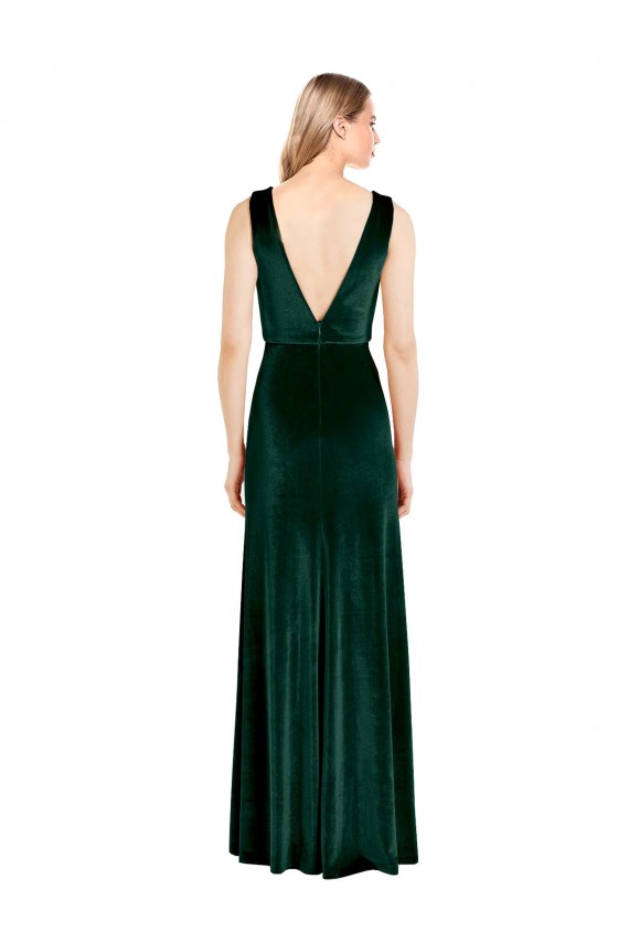 Purchase Long Sleeveless V-Neck A-Line Stretch Velvet Dark Green Evening Gown Canada