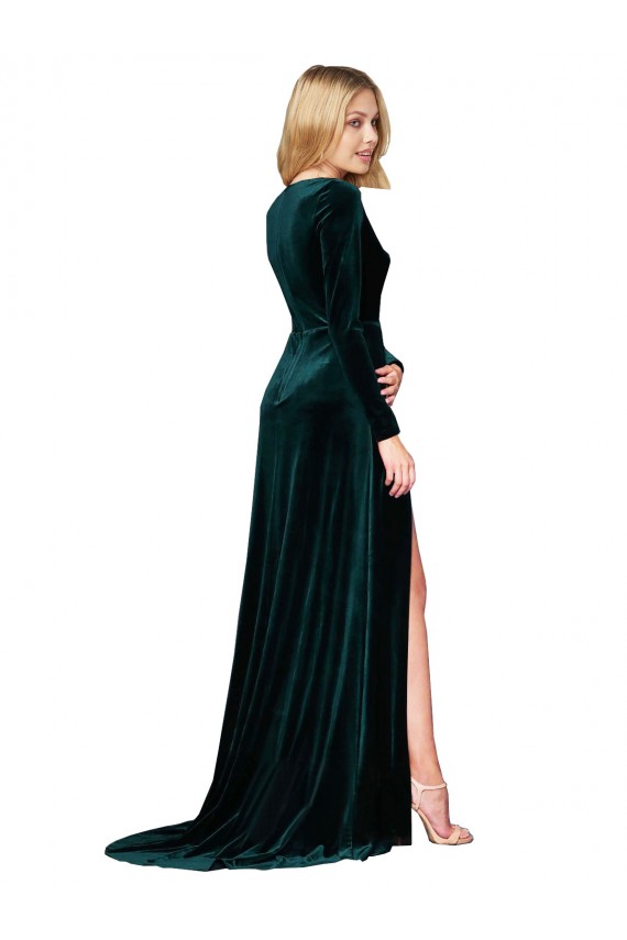 Purchase Sweep Train Long Sleeves V-Neck A-Line Stretch Velvet Evening Dress Canada