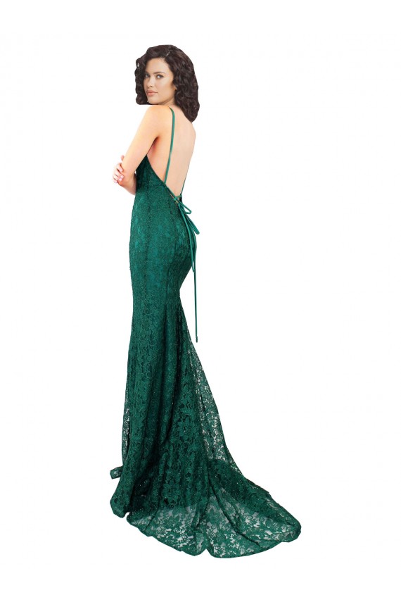Purchase Long Sleeveless V-Neck Mermaid Lace Semi Formal Evening Dress Canada