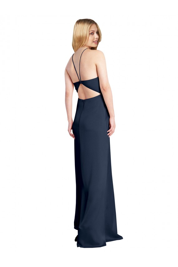 Purchase Long Sleeveless Halter Neck A-Line Stretch Satin Dark Navy Evening Dress Canada