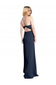 Purchase Long Sleeveless Halter Neck A-Line Stretch Satin Dark Navy Evening Dress Canada