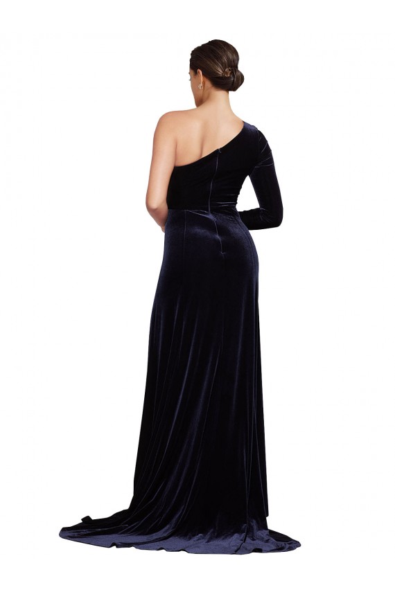 Purchase Sweep Train Long Sleeves One Shoulder A-Line Stretch Velvet Evening Dress Canada