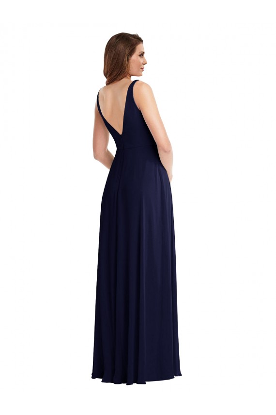 Purchase Long Sleeveless V-Neck A-Line Soft Chiffon Dark Navy Maxi Evening Dress Canada