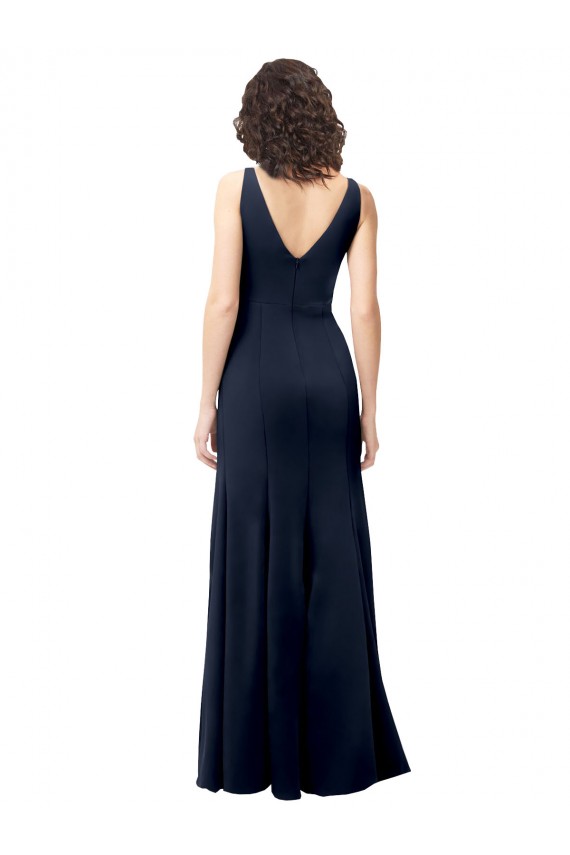Purchase Long Sleeveless V-Neck A-Line Stretch Crepe Dark Navy Evening Dress Canada