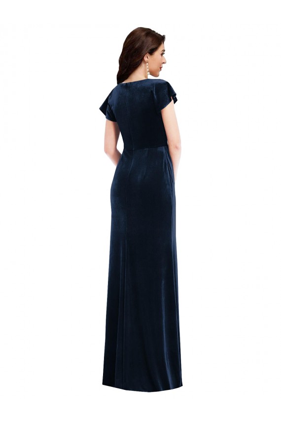 Purchase Long Flutter Sleeves V-Neck A-Line Stretch Velvet Dark Navy Maxi Evening Dress Canada