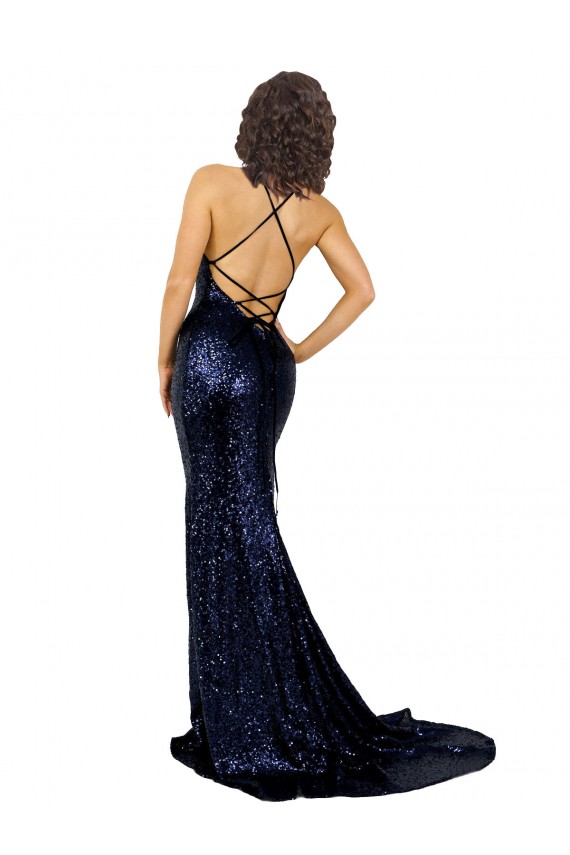 Purchase Long Sleeveless V-Neck Mermaid Sequin Dark Navy Sexy Evening Dress Canada