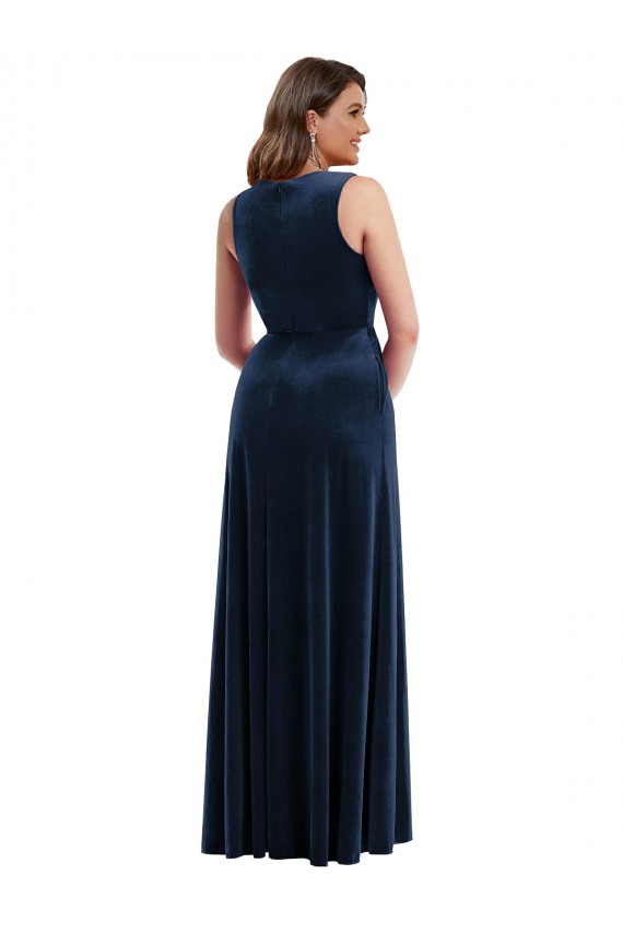 Purchase Long Sleeveless V-Neck Sheath Stretch Velvet Dark Navy Maxi Evening Dress Canada