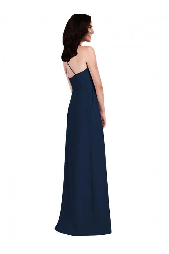 Purchase Long Sleeveless Halter Neck Trumpet Stretch Crepe Dark Navy Semi Formal Evening Dress Canada