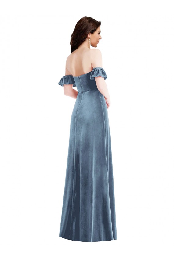 Purchase Long Ruffle Sleeves Off the Shoulder A-Line Stretch Velvet Semi Formal Evening Dress Canada
