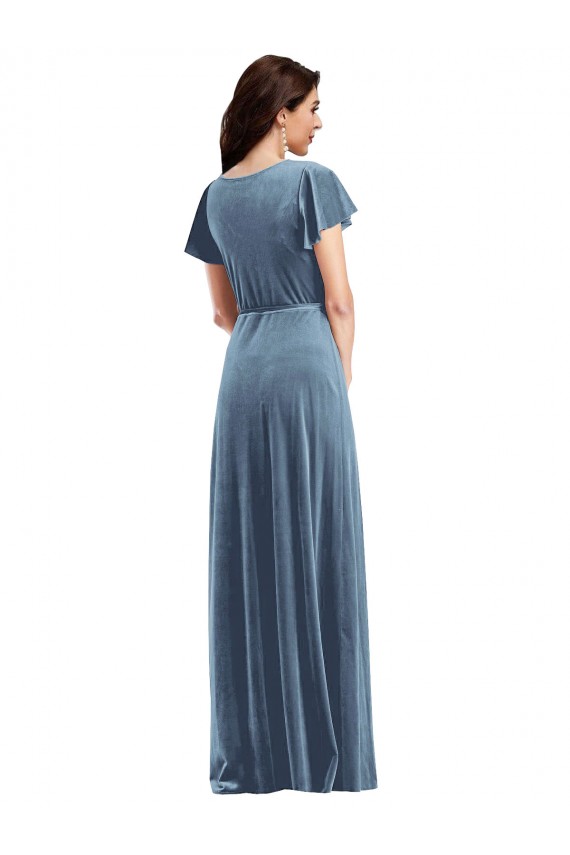 Purchase Long Flutter Sleeves V-Neck A-Line Stretch Velvet Dusty Blue Maxi Evening Dress Canada