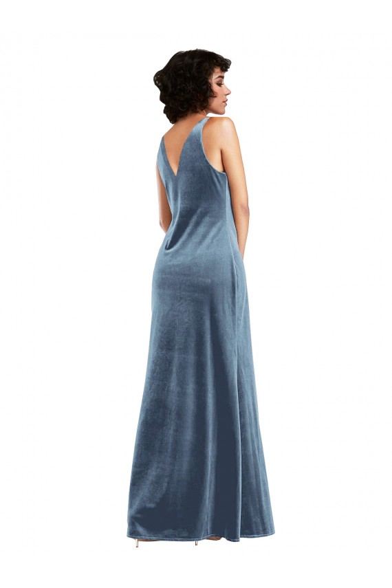 Purchase Long Sleeveless Cowl Neck Sheath Stretch Velvet Dusty Blue Maxi Evening Dress Canada