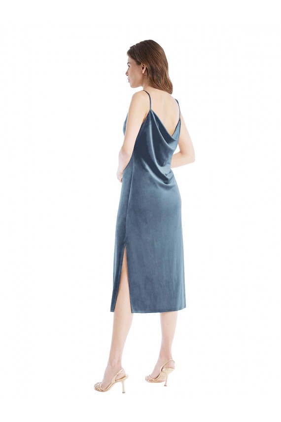 Purchase Long Sleeveless One Shoulder Sheath Stretch Velvet Dusty Blue Maxi Evening Dress Canada