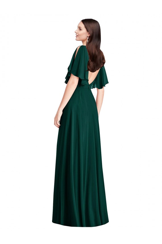 Purchase Long Bell Sleeves Bateau Neck A-Line Soft Chiffon Maxi Evening Dress Canada