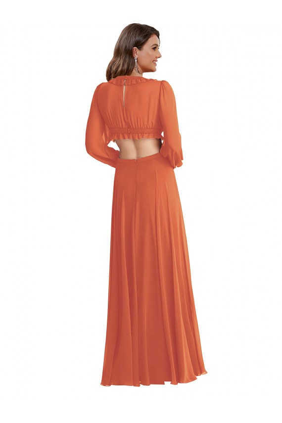Purchase Long Long Sleeves V-Neck A-Line Soft Chiffon Maxi Evening Dress Canada