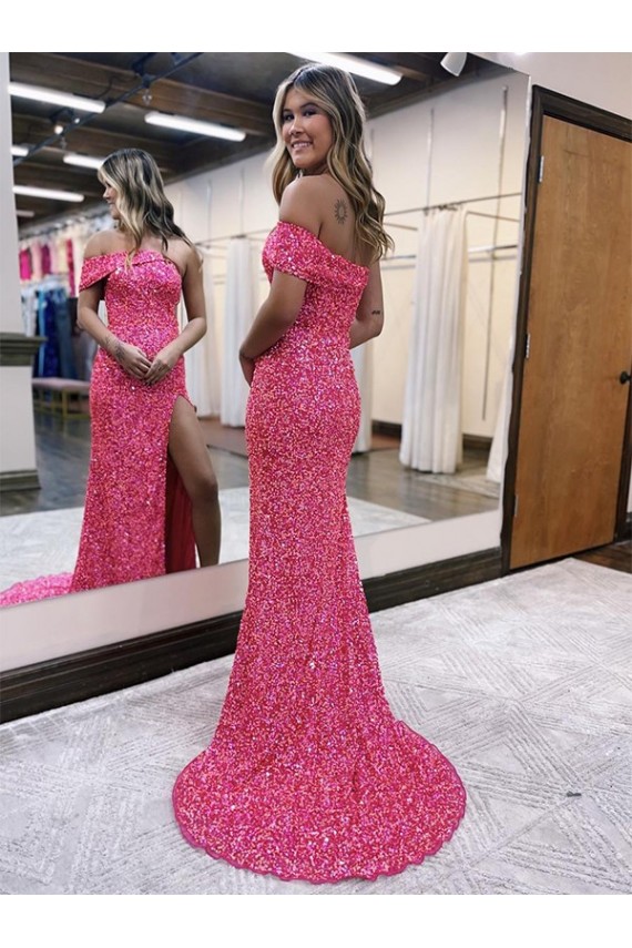 Purchase Sweep Train Sleeveless One Shoulder Sheath Velvet Sequin Sexy Evening Dress Canada