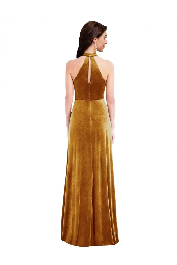 Purchase Long Sleeveless Halter Neck Trumpet Stretch Velvet Maxi Evening Dress Canada