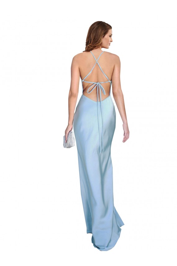 Purchase Long Sleeveless Cowl Neck Sheath Silky Satin Light Sky Blue Evening Dress Canada