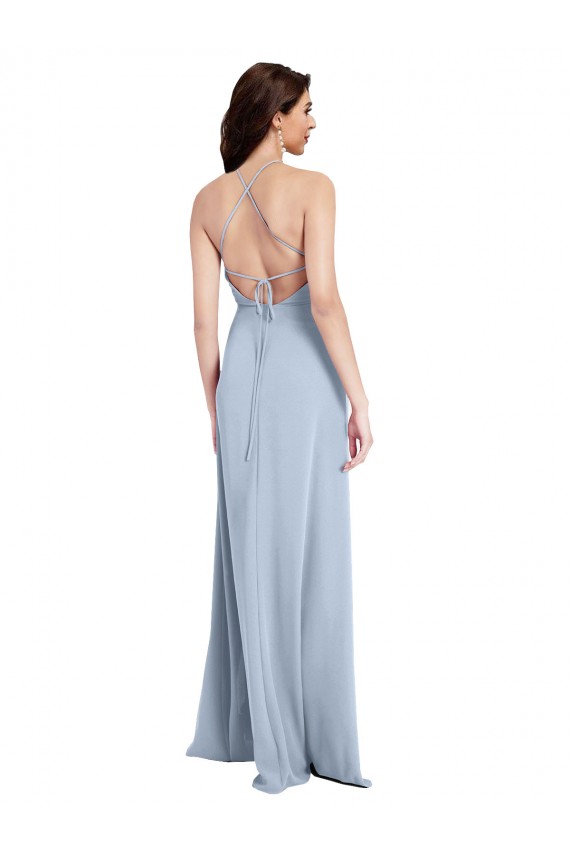Purchase Long Sleeveless Halter Neck Sheath Stretch Crepe Light Sky Blue Evening Dress Canada