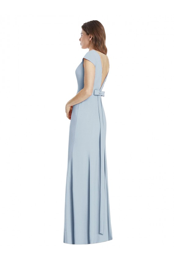 Purchase Long Cap Sleeves Bateau Neck Trumpet Stretch Crepe Light Sky Blue Semi Formal Evening Dress Canada
