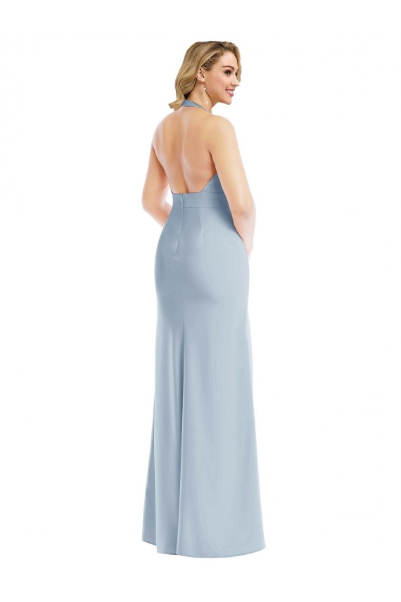 Purchase Long Sleeveless Halter Neck Trumpet Stretch Crepe Light Sky Blue Semi Formal Evening Dress Canada
