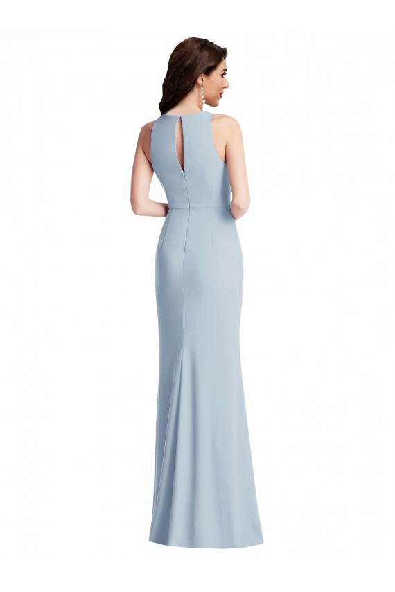 Purchase Long Sleeveless Halter Neck Trumpet Stretch Crepe Light Sky Blue Maxi Evening Dress Canada